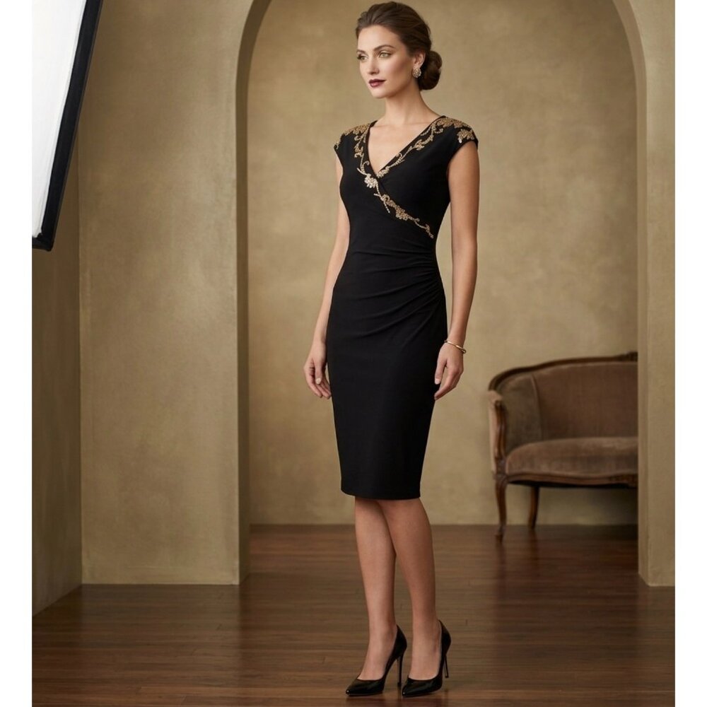 Cache Black Bodycon Dresssize S  With Gold Embroidery Cap Sleeves & Side Ruching